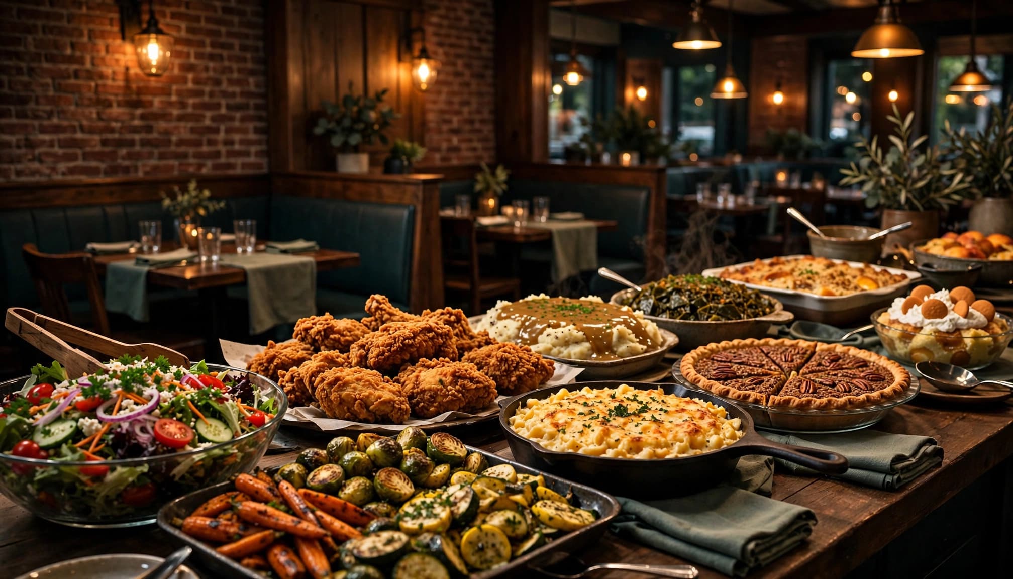A Southern buffet with fried chicken, salads, vegetables, and desserts in a warmly lit restaurant.