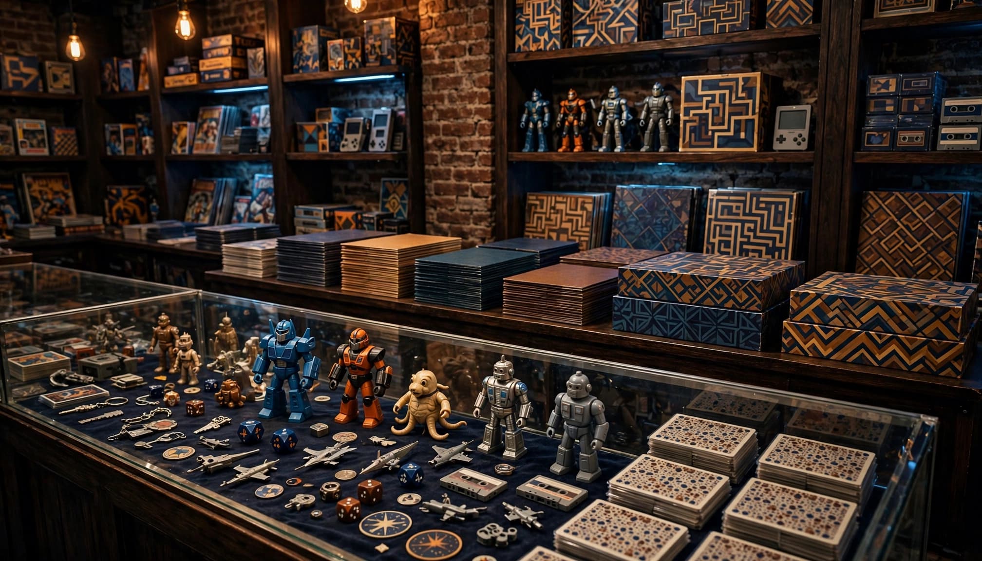 Vintage toys, cards, comics, and board games displayed in a dark wood and brick shop.