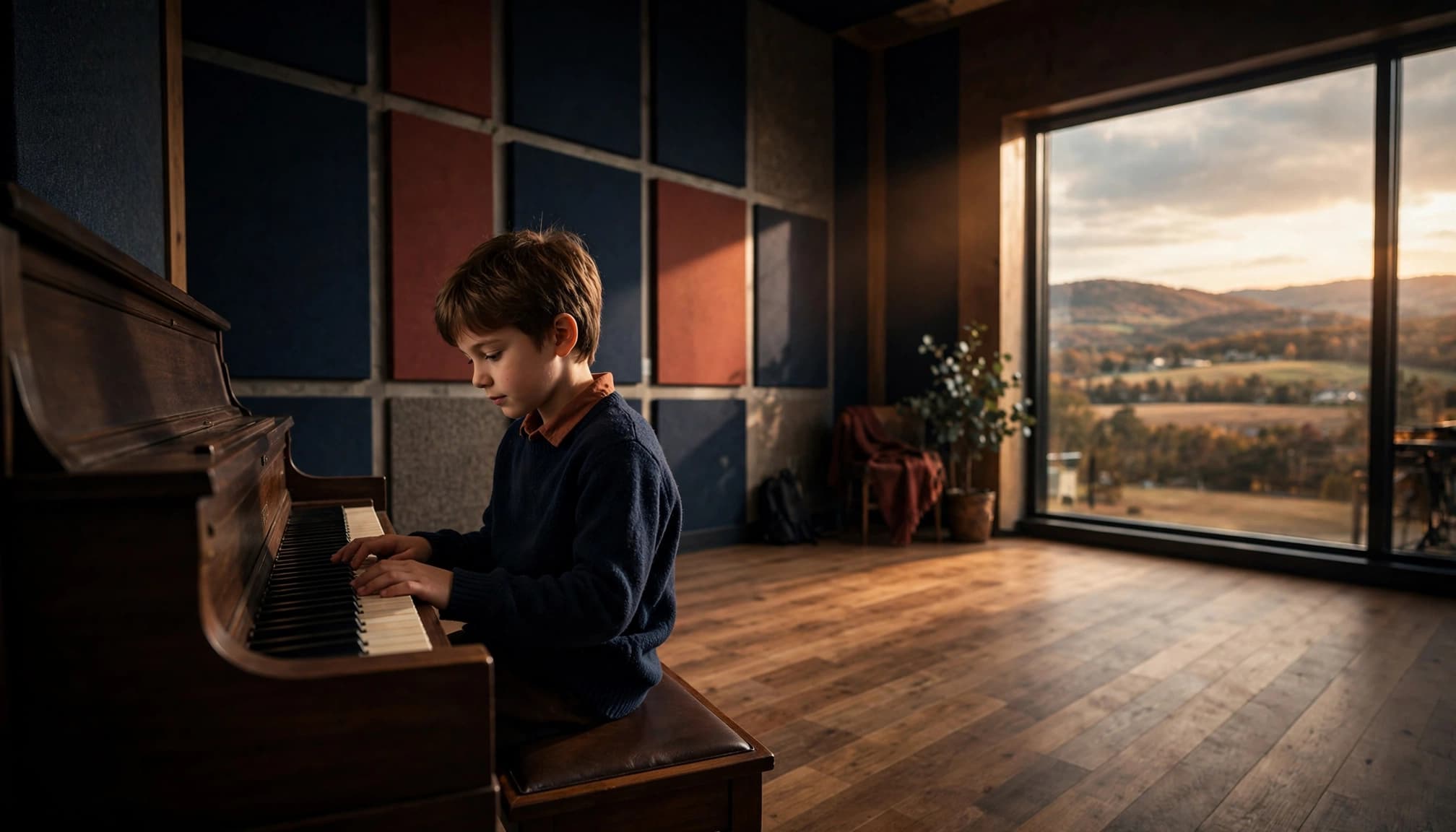 A child sits at an upright piano in a warmly lit music studio.