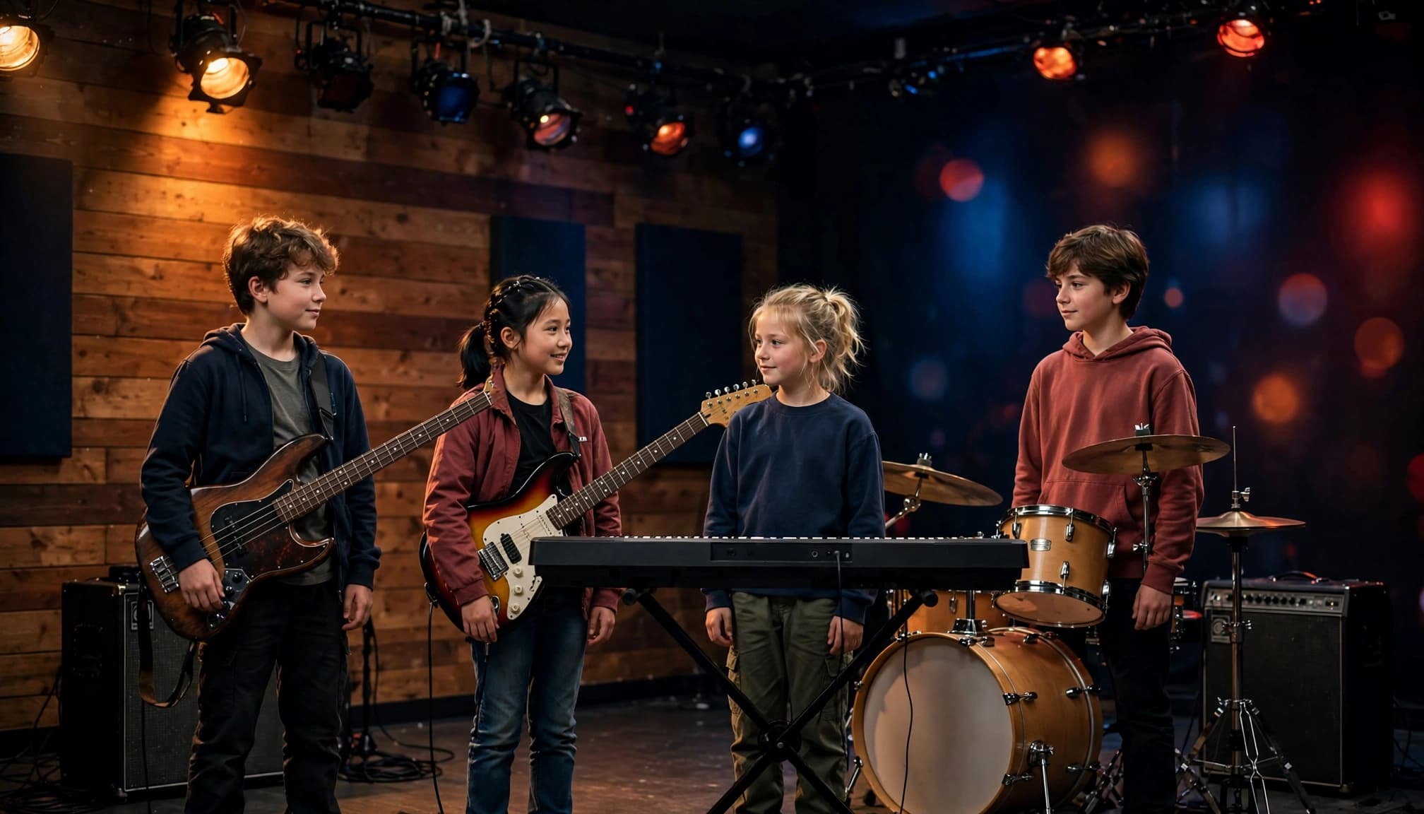 Four children with guitars, keyboard, and drums in a warmly lit rehearsal room.