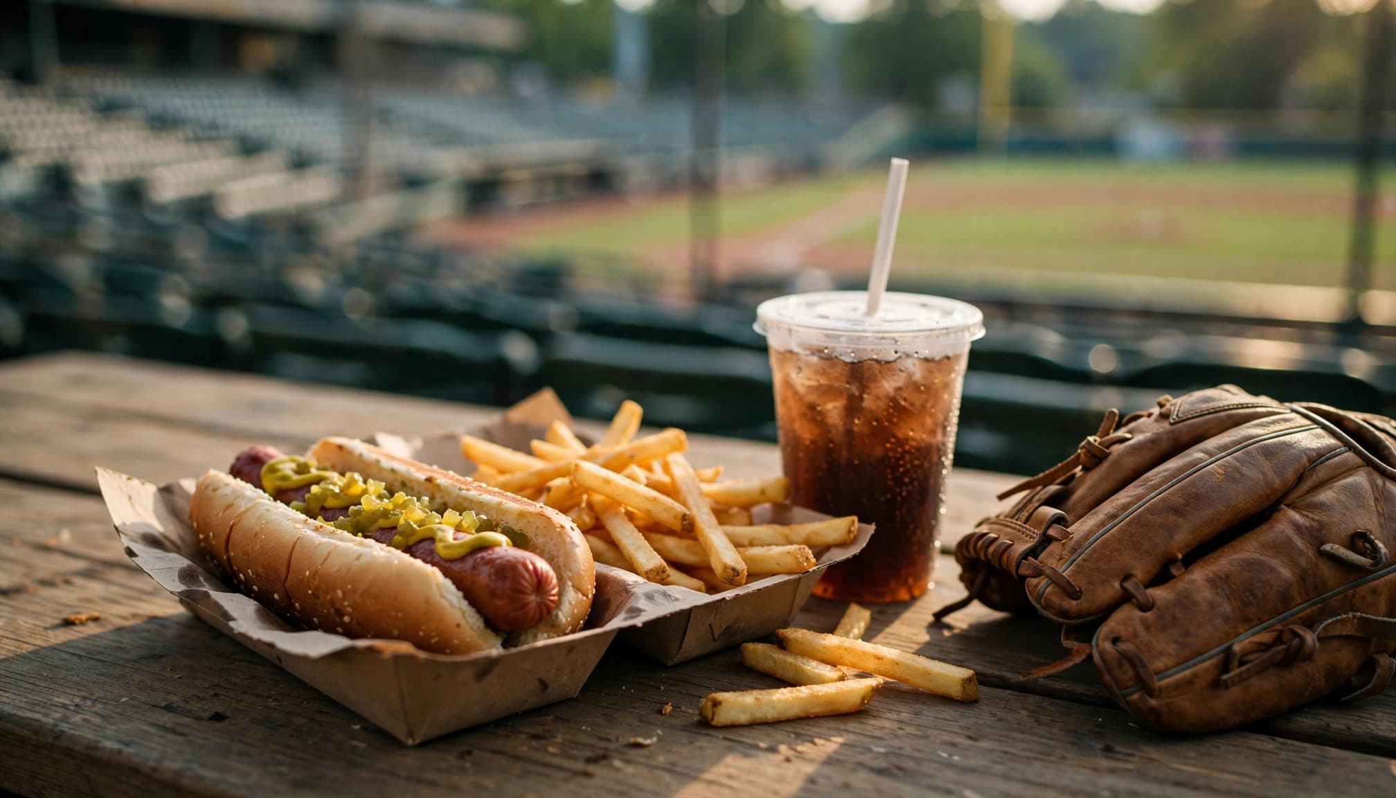 A hot dog, fries, drink, and baseball glove rest on a picnic table.