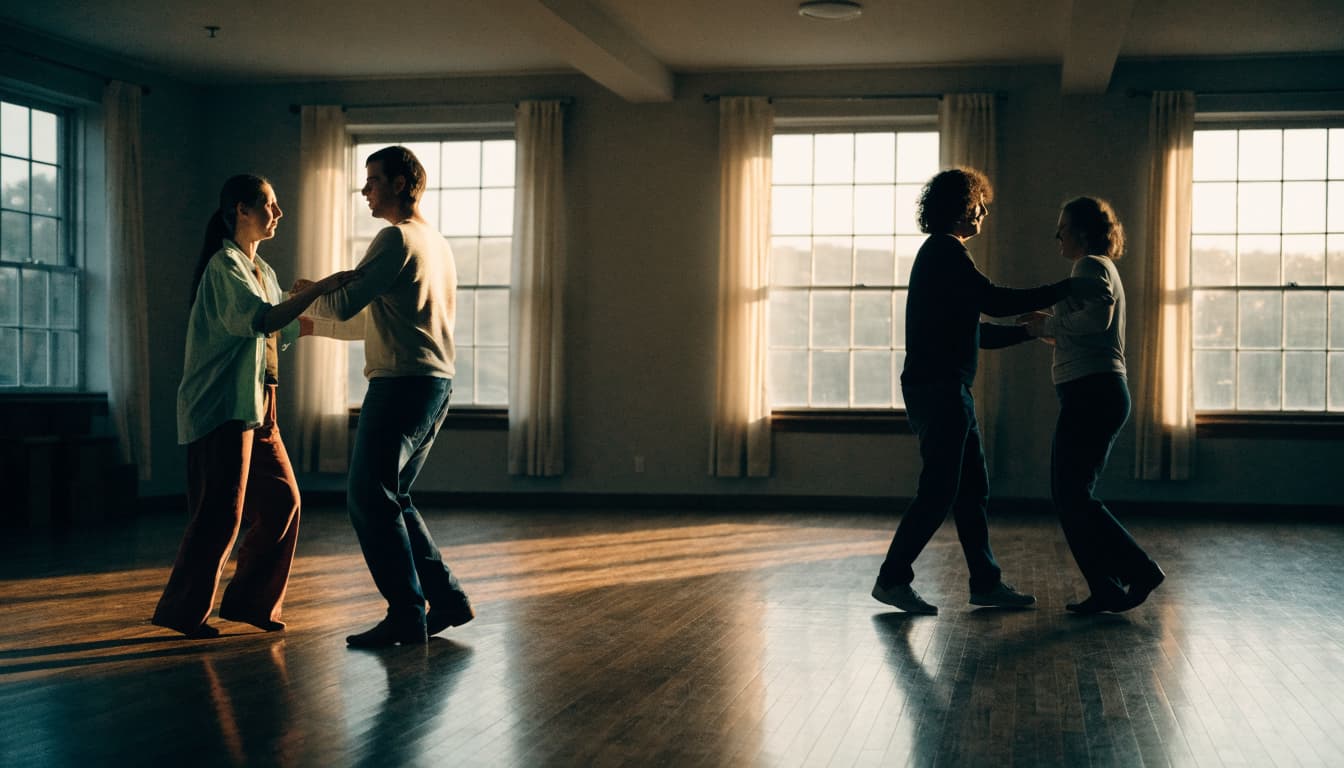 Four adults practice ballroom dancing in pairs in a sunlit studio with wood floors.