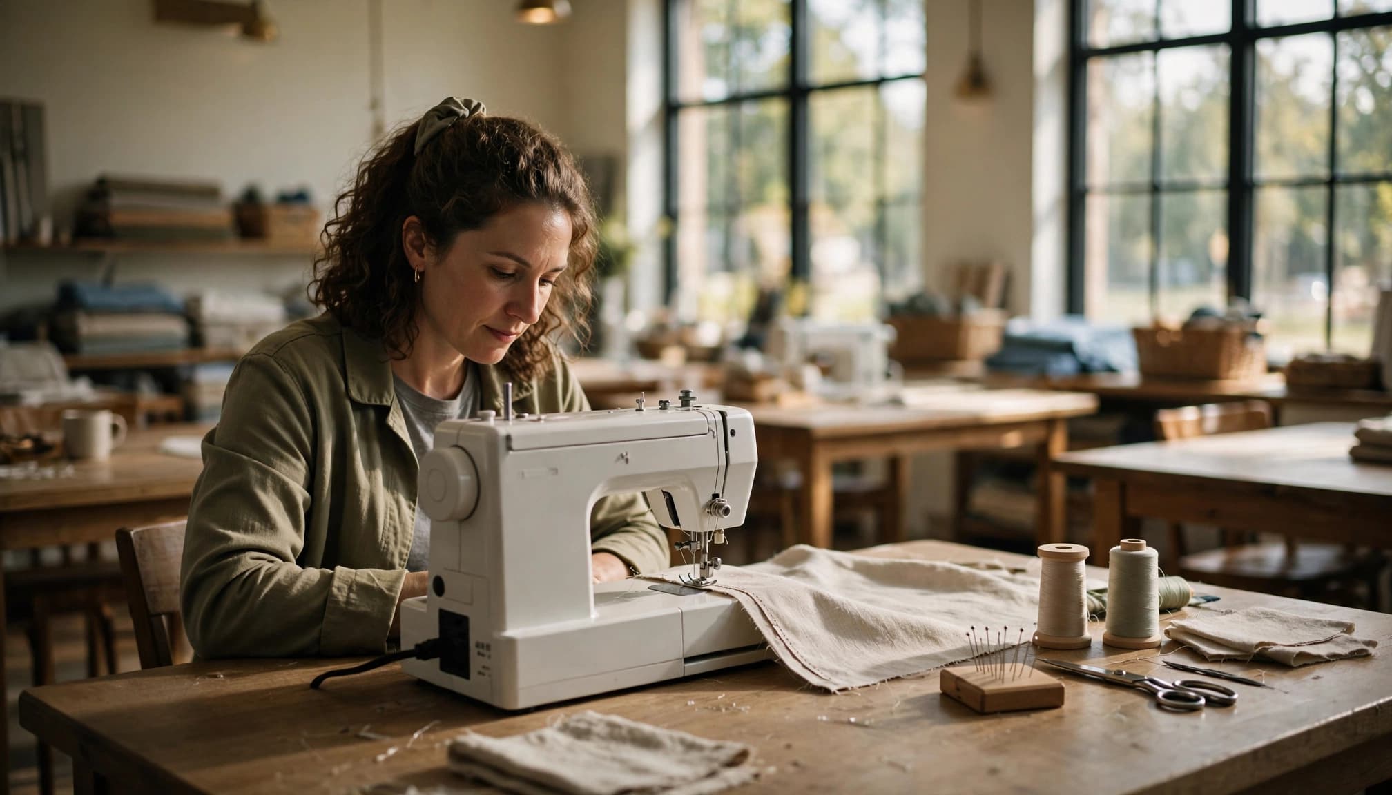 A woman practices sewing on a white machine in a bright, airy workshop.