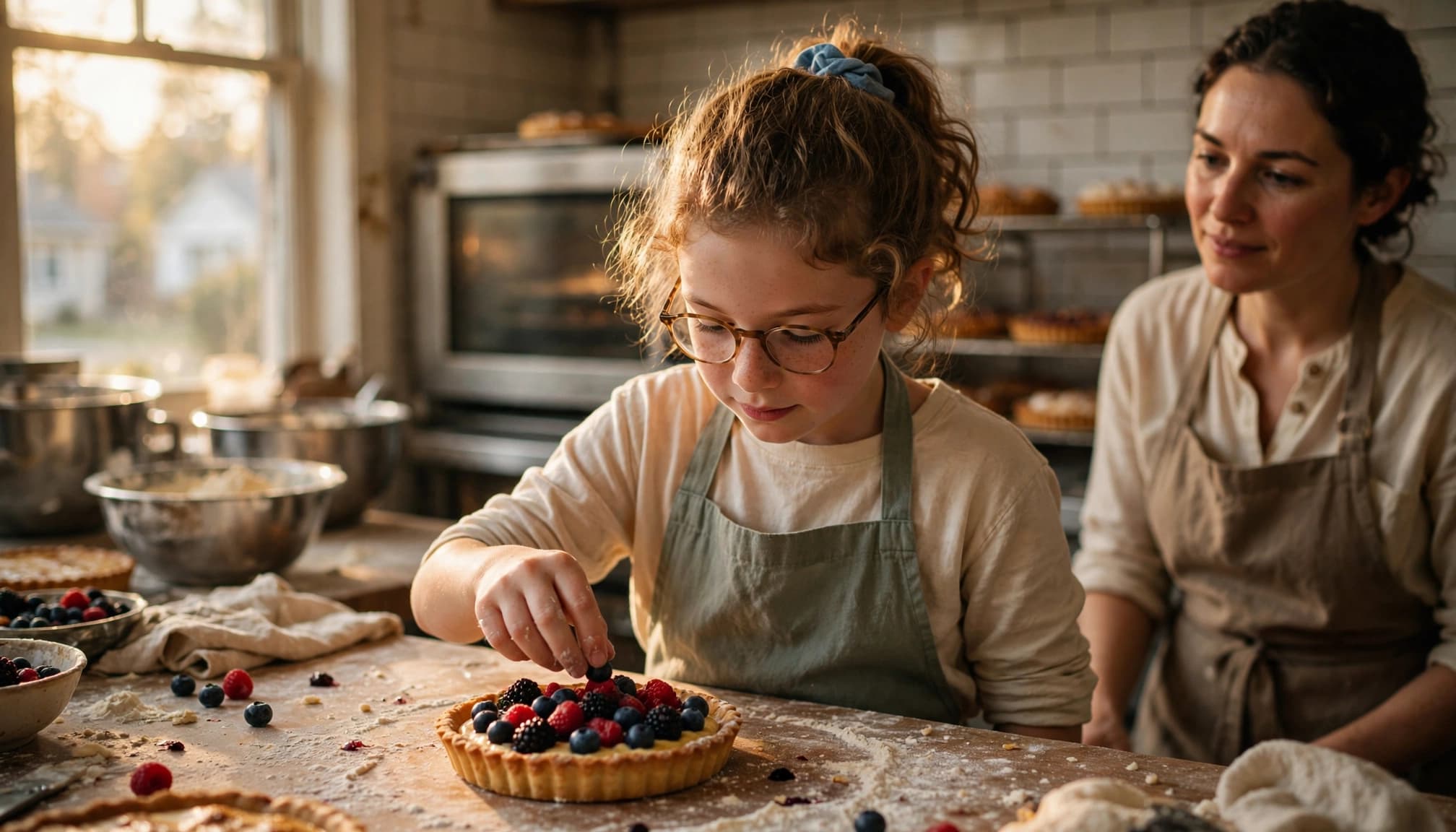 A child decorates a berry tart while an adult supervises in a sunny bakery kitchen.