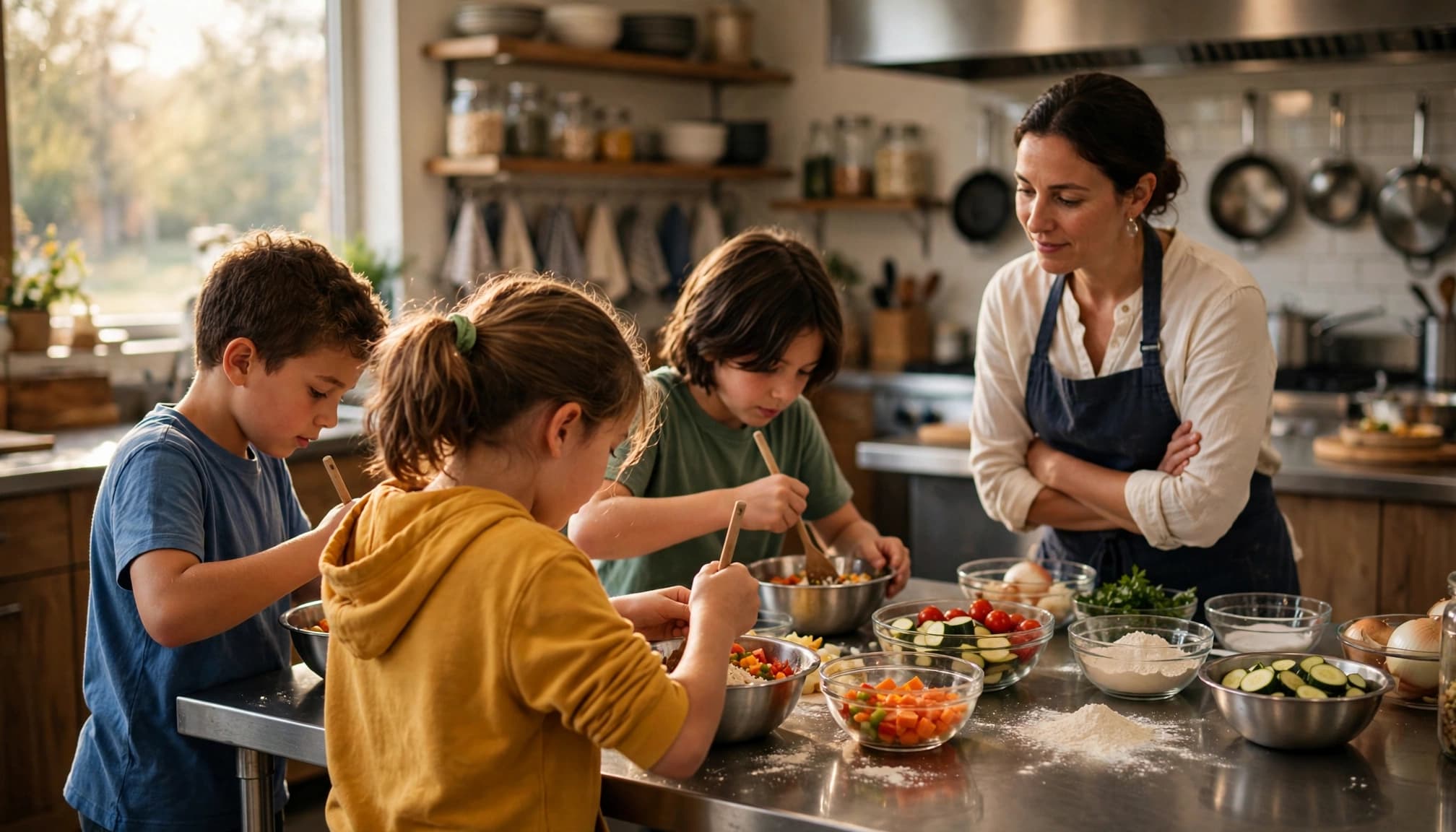 Three children mix ingredients at a counter while an instructor supervises.
