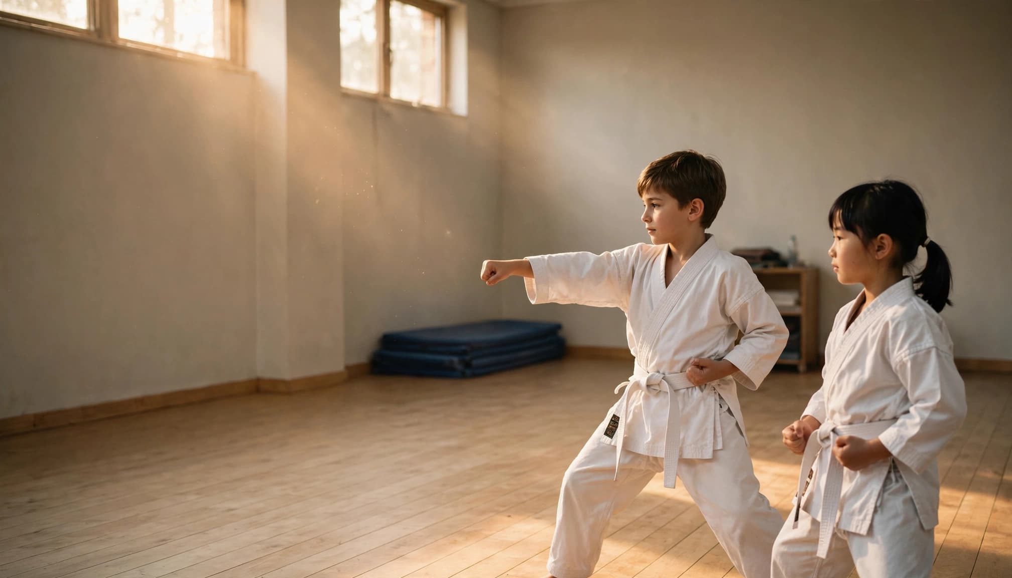 Two children practice karate stances in a warmly lit dojo.