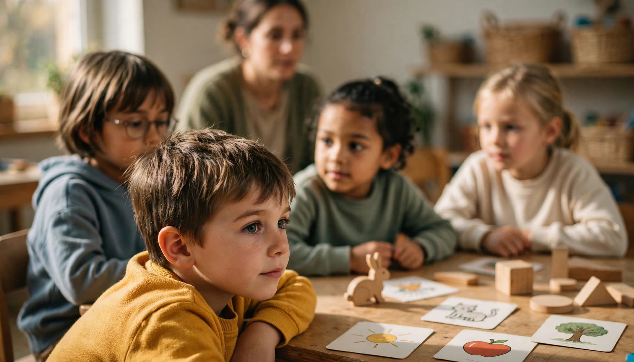 Four children and an adult instructor gathered around a wooden table in a bright classroom.