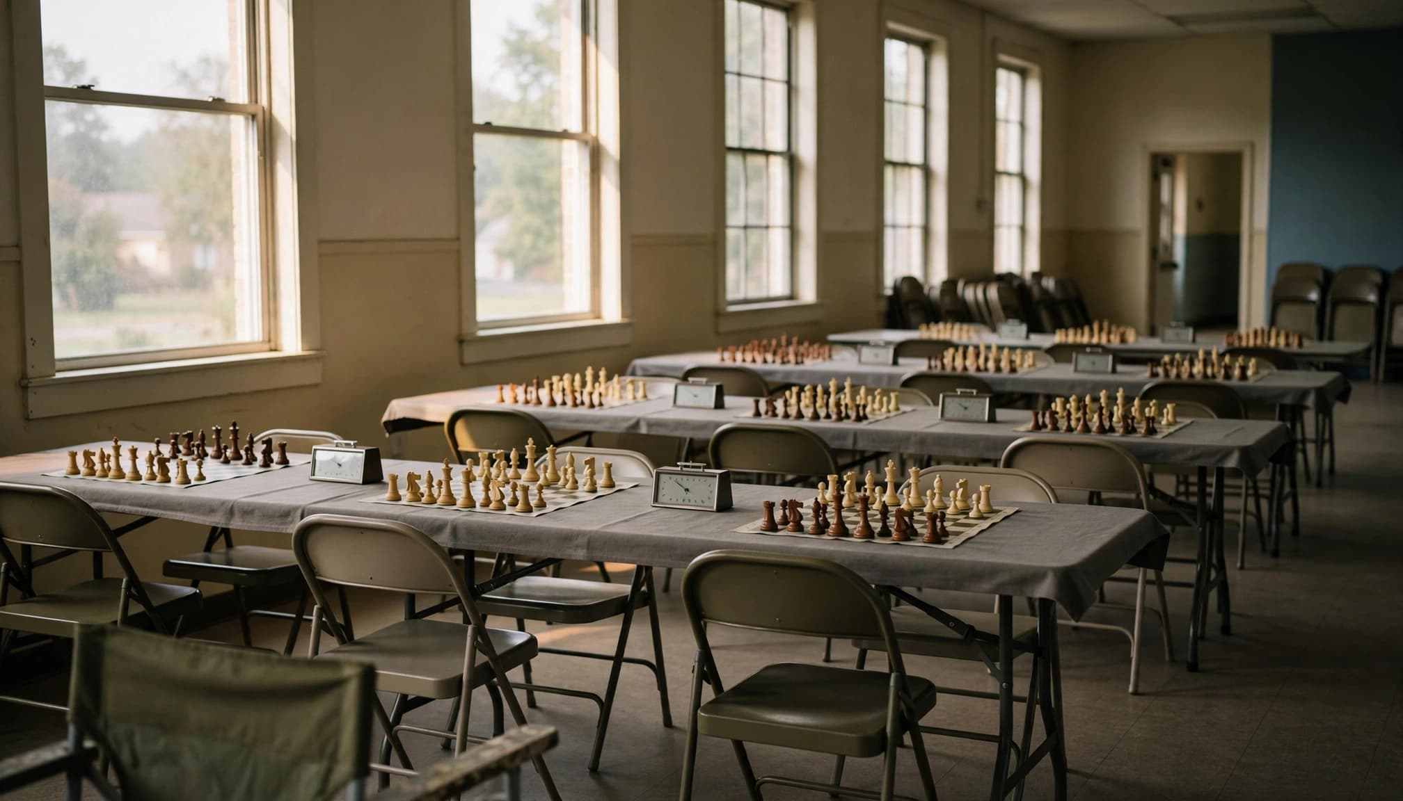 An empty community hall set up with tables, chessboards, clocks, and chairs.