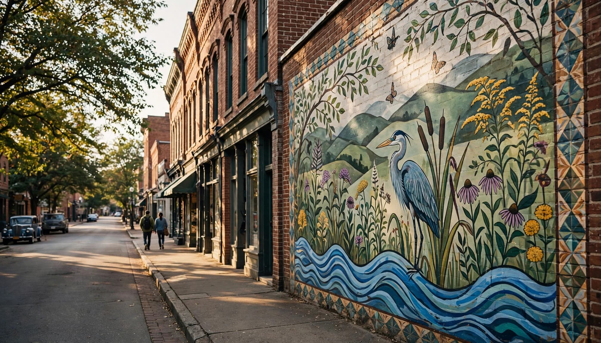 Two pedestrians pass a colorful mural on a leafy historic Covington street.