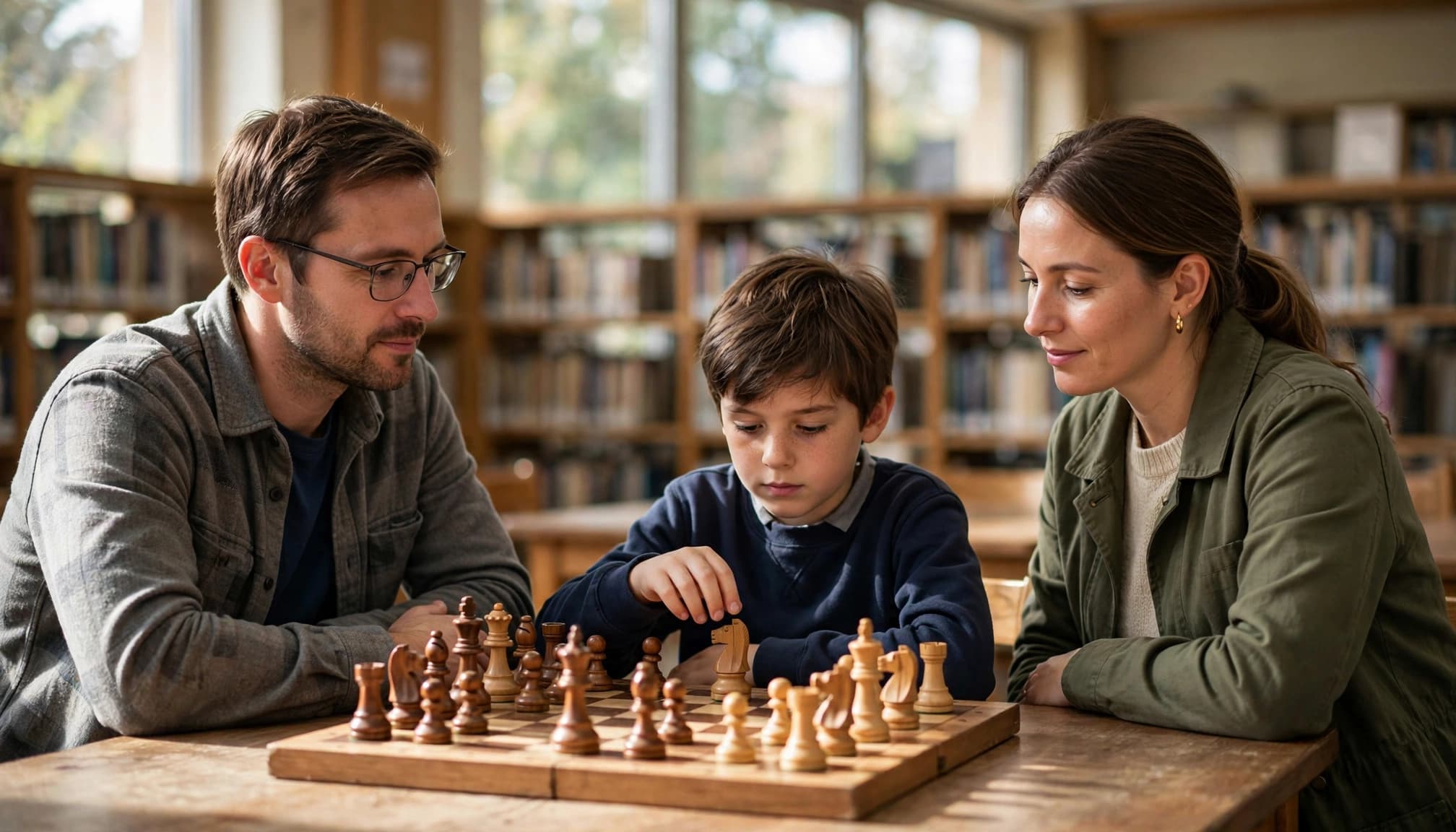 A family of three plays chess together at a library table.