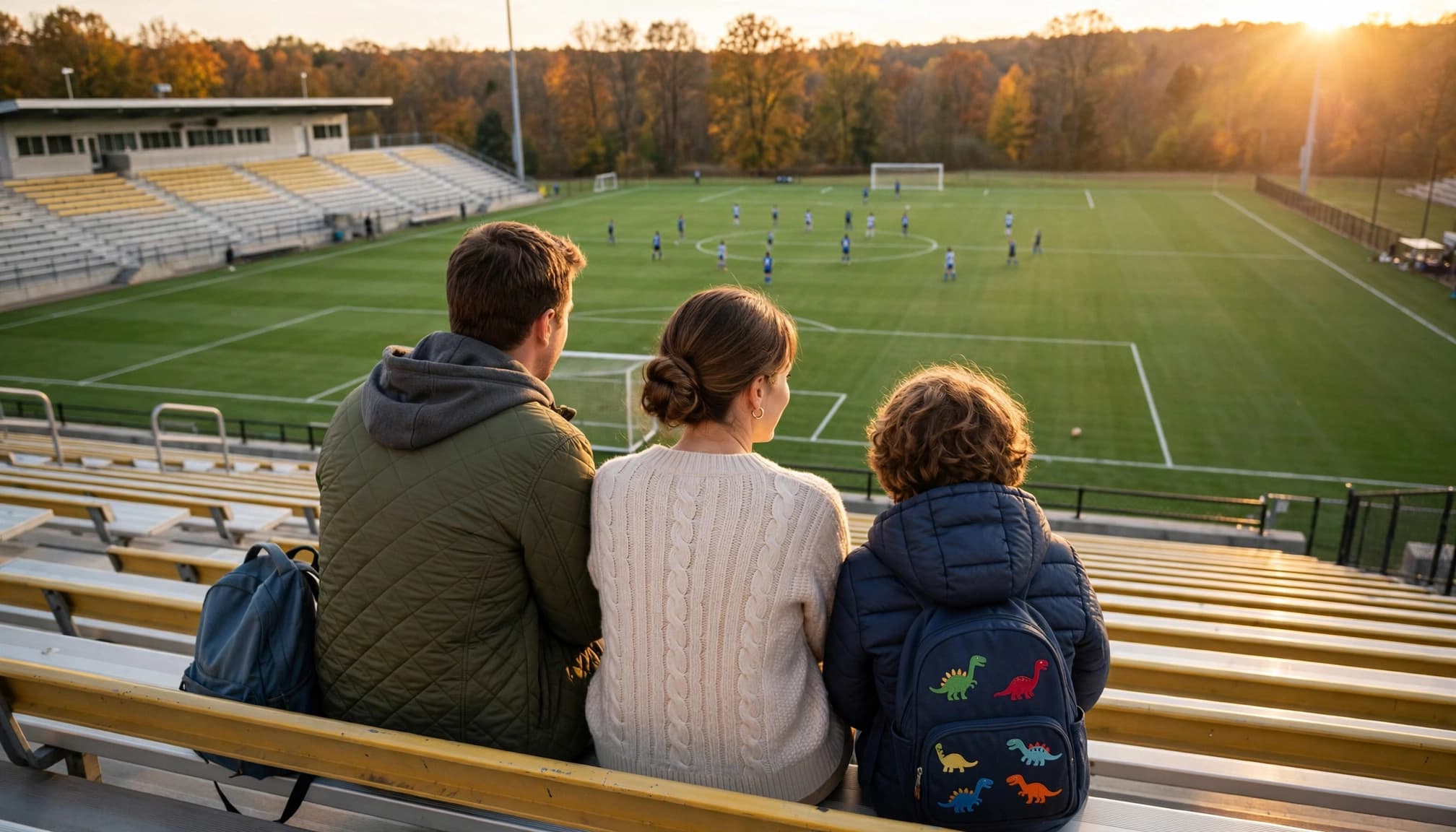 Three family members watch a soccer match from the bleachers.