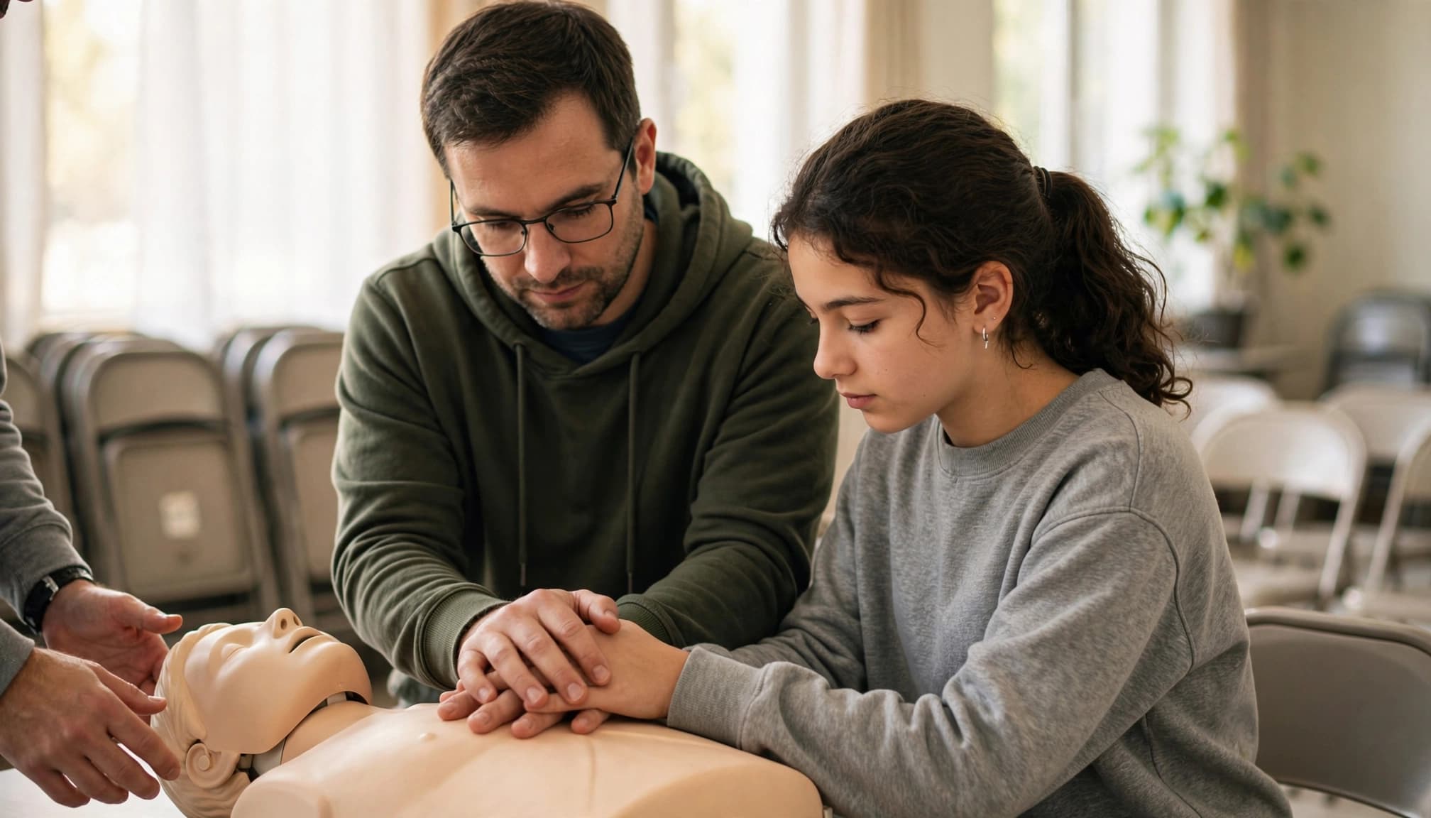 A parent and teenager practicing CPR on a training mannequin together.