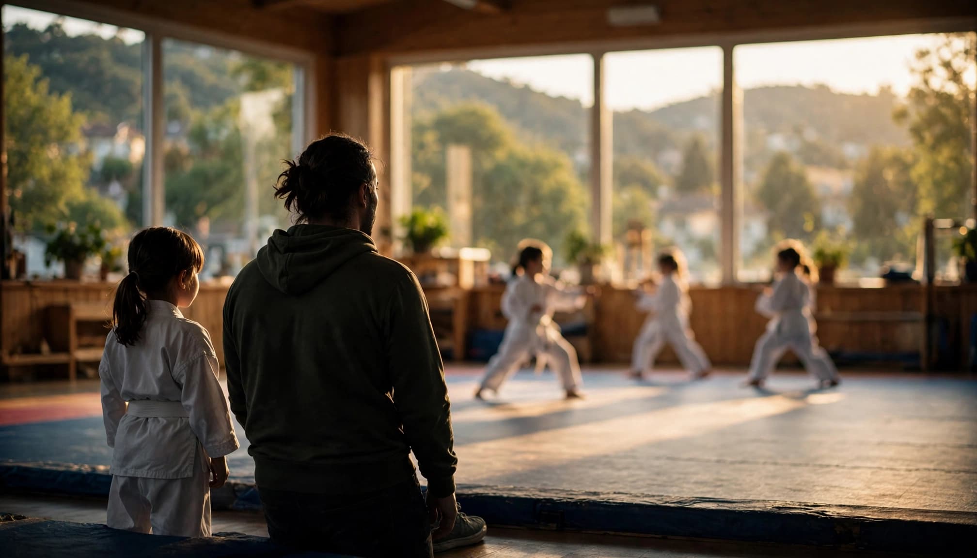 A child and parent watch a martial arts class from the edge of the mat.