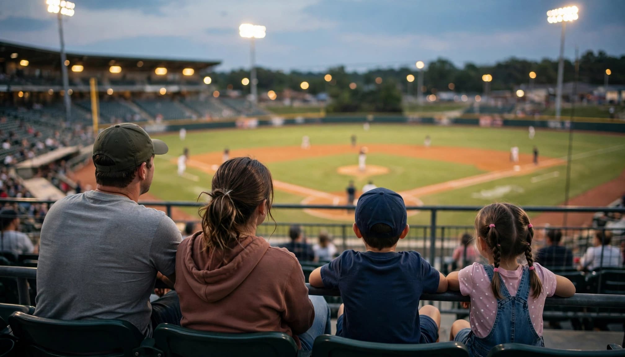 Two adults and two children watch a baseball game from stadium seats at dusk.
