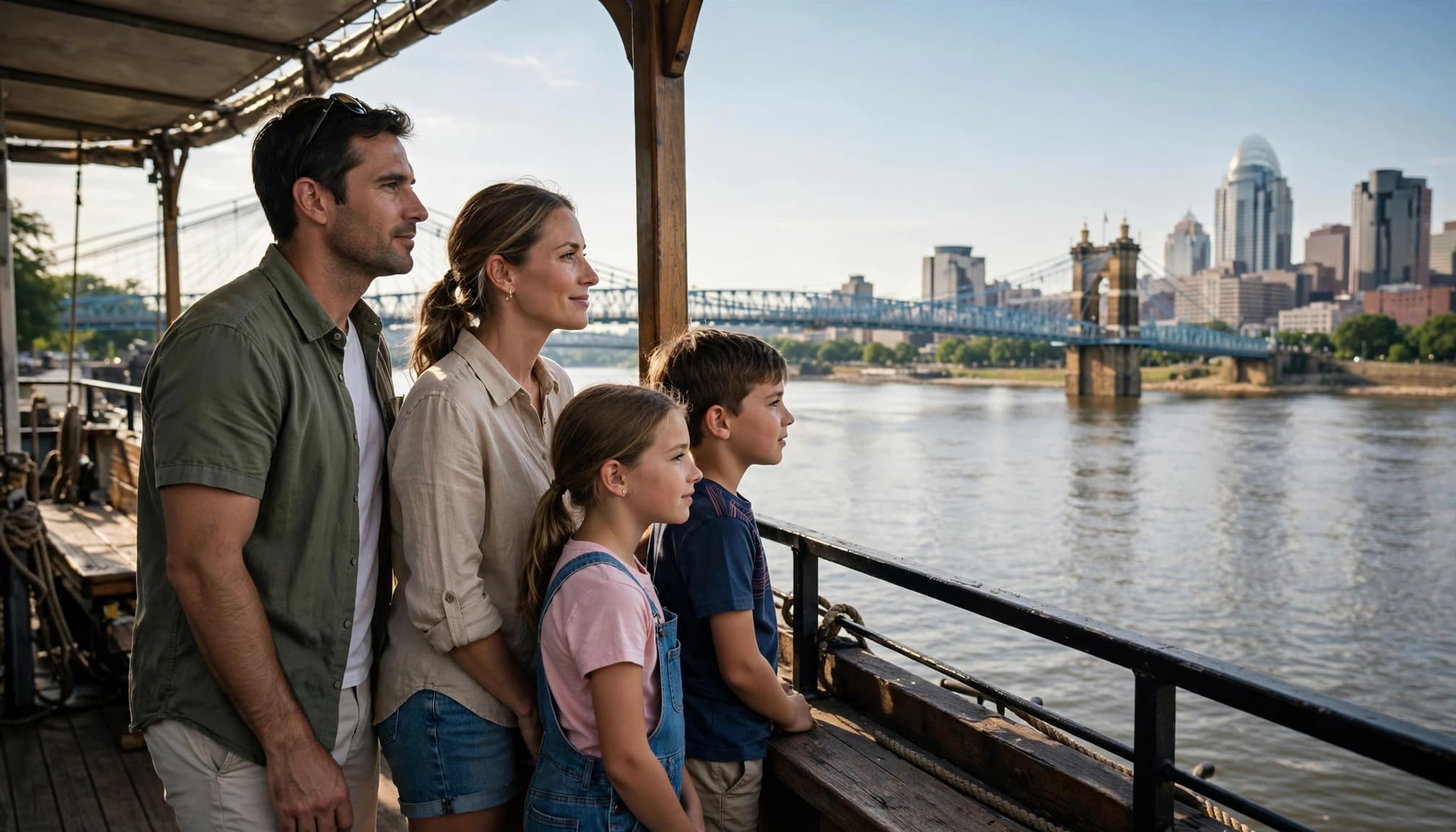 A family of four watches the Cincinnati skyline from a riverboat deck.