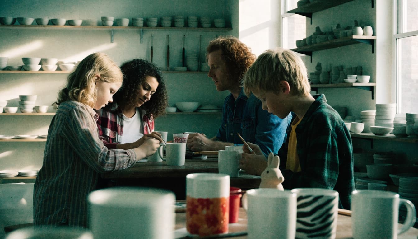 A family of four sits together at a pottery studio table, painting ceramic mugs.