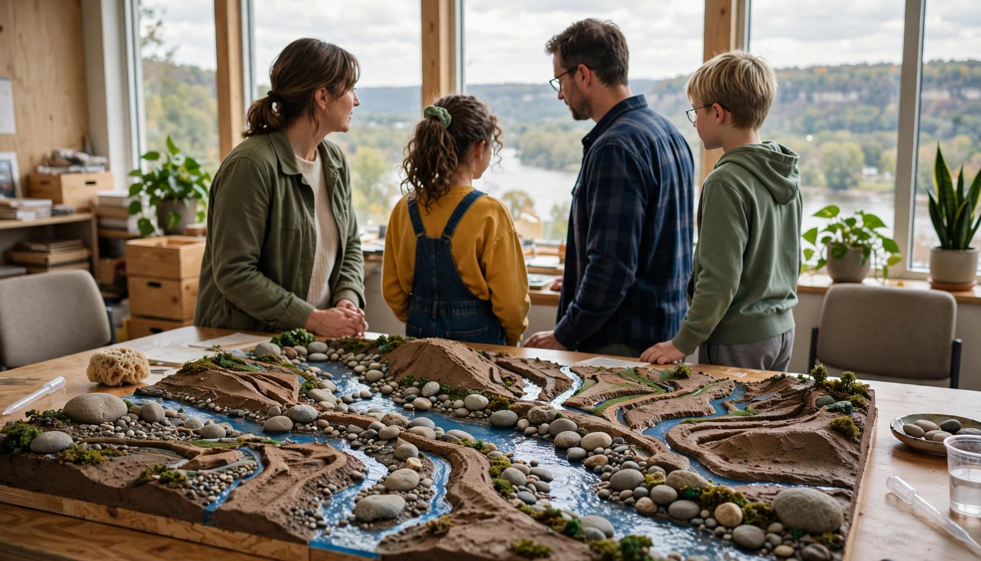 A family of four looks out a large window at a river, standing behind a detailed tabletop watershed model.