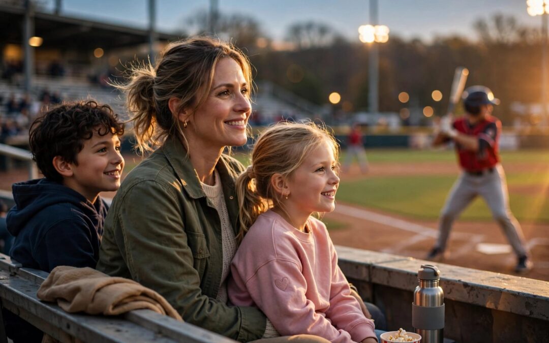 A mother and two children watch a baseball game in the evening.