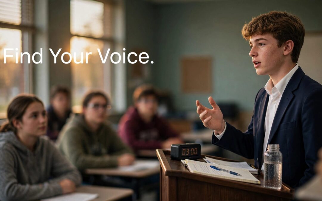 A teenage speaker gestures beside a lectern as classmates listen.