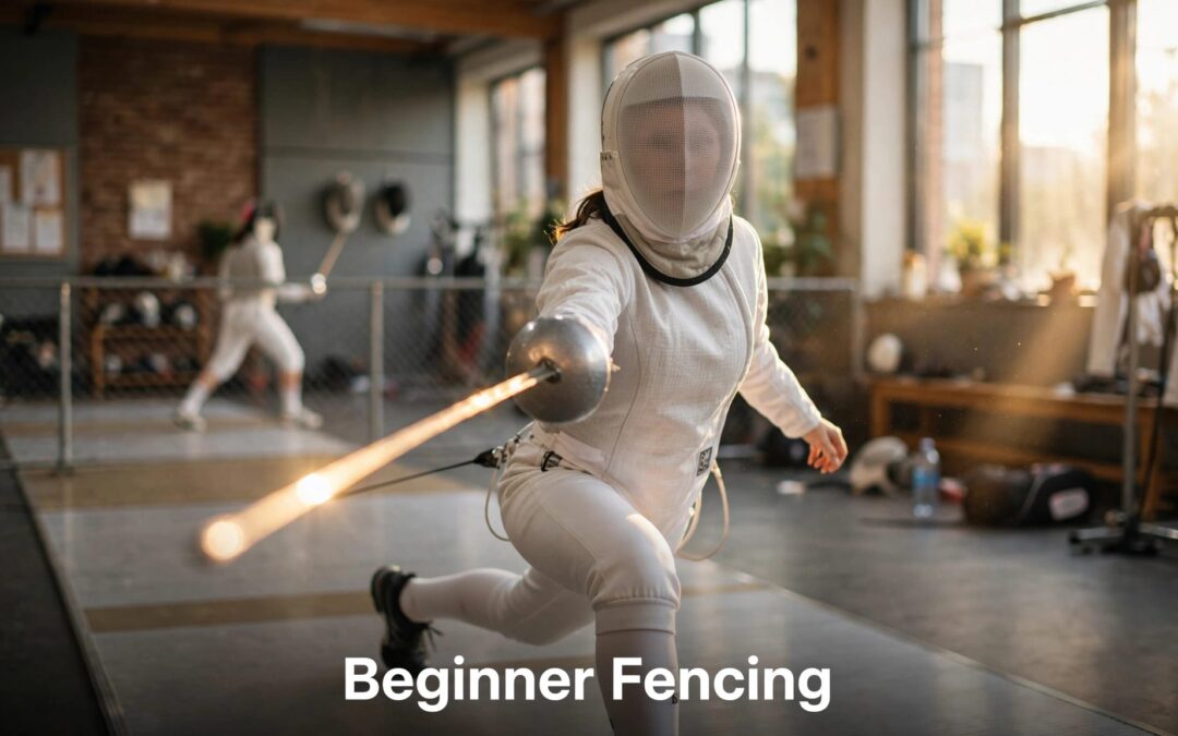 A masked beginner in white lunges with a foil in a bright fencing hall.