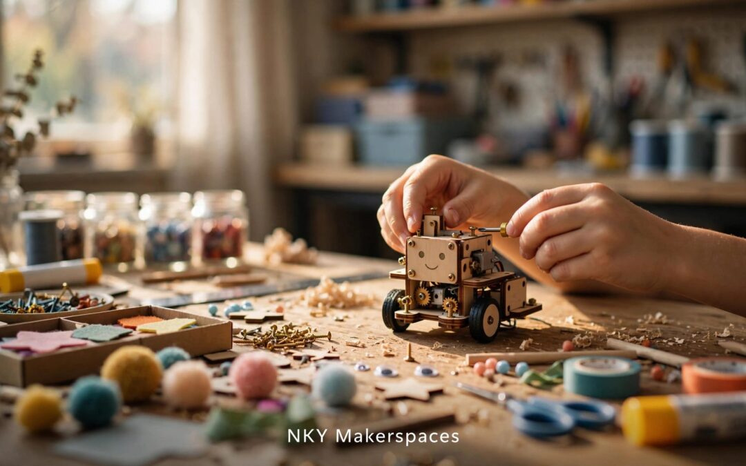 A child’s hands build a wooden robot at a workbench with colorful supplies nearby.