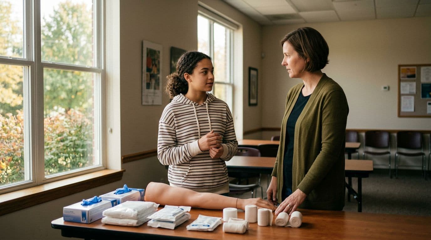An instructor and a student standing by a table with first aid supplies and a training arm model.