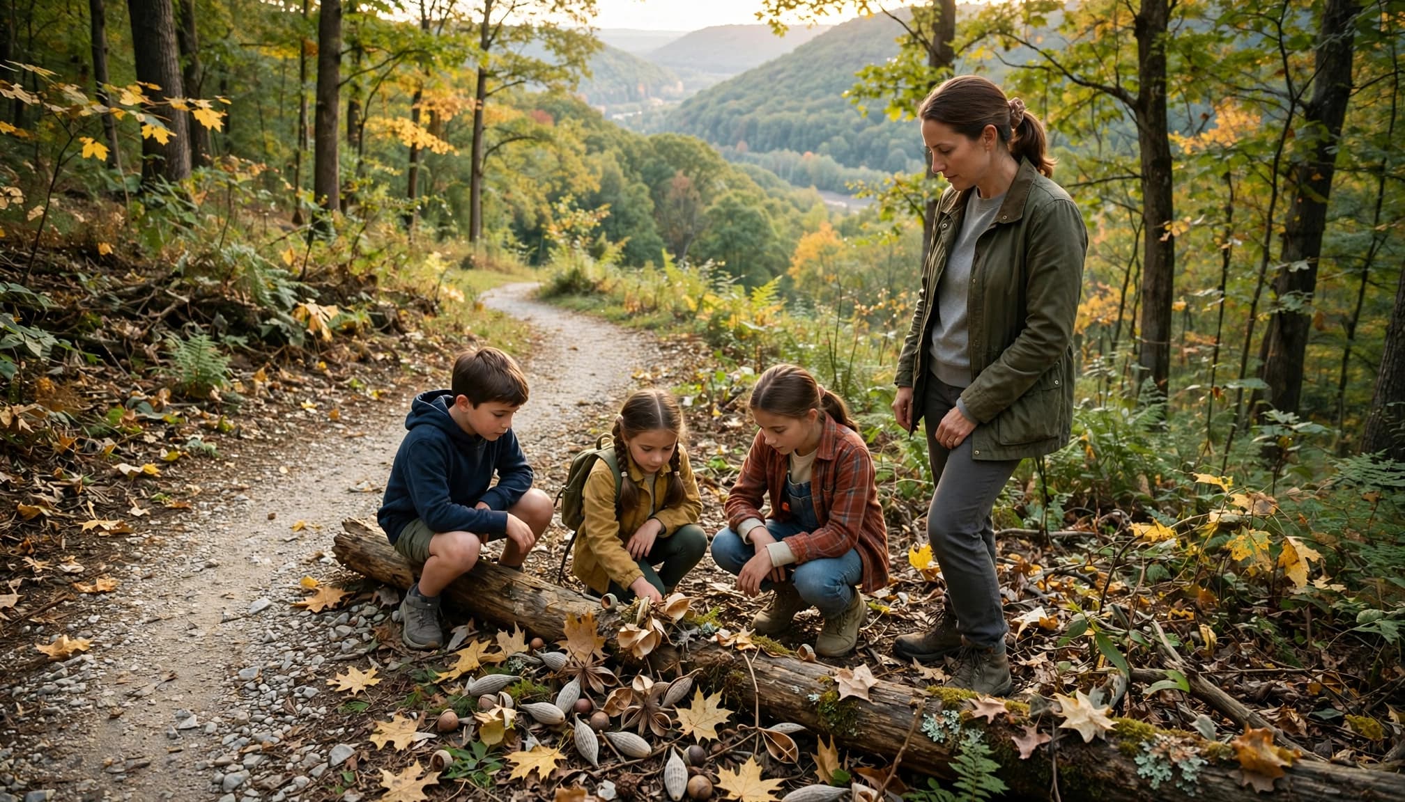 An adult and three children examine leaves and seed pods on a fallen log along a woodland trail.