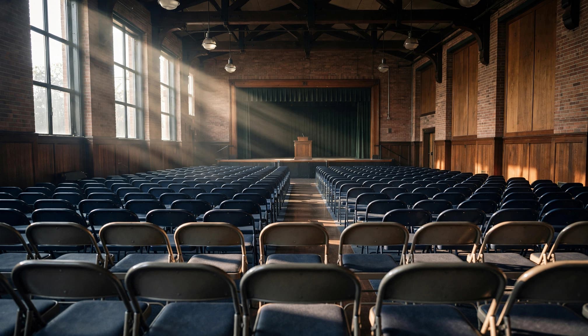 An empty high school auditorium with rows of chairs and a lectern on stage, lit by morning sun rays.
