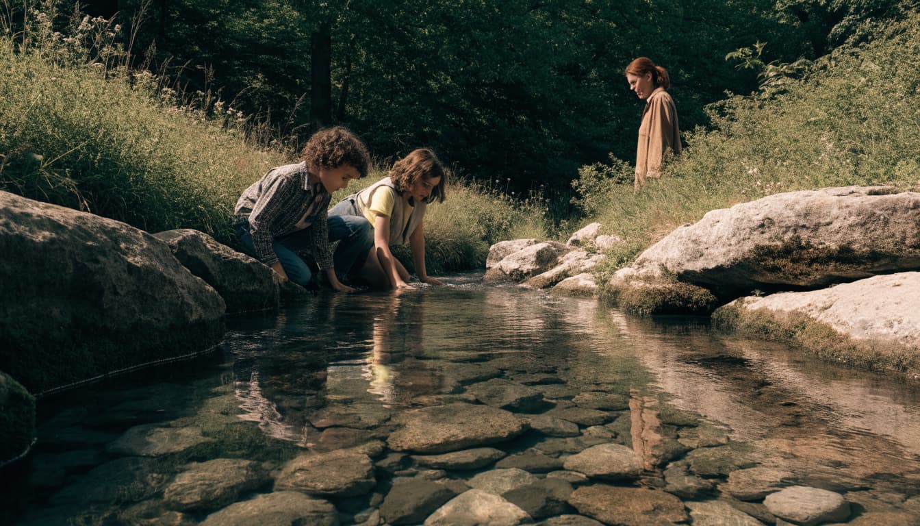 Two children kneel by a clear forest creek while an adult stands nearby, looking into the water.