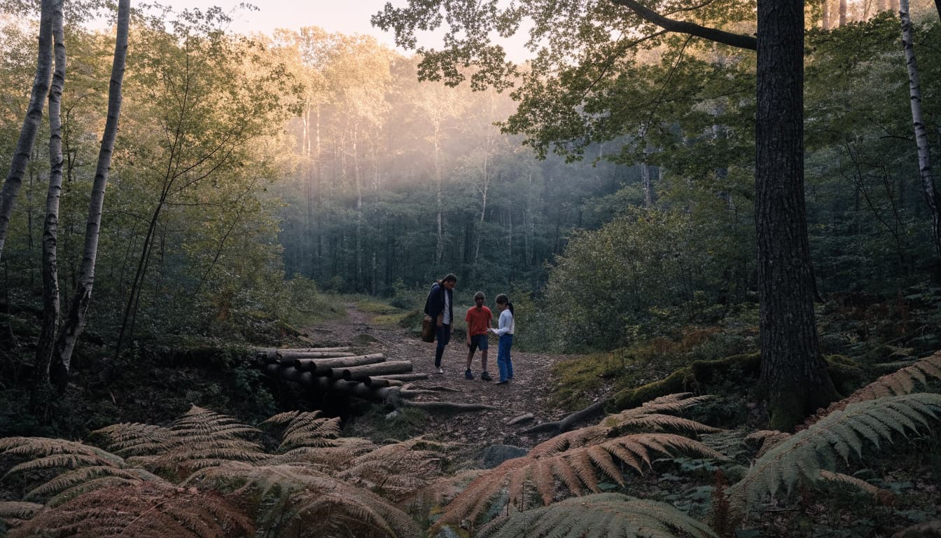 An adult and two children stand on a forest trail near a small wooden bridge in the morning mist.