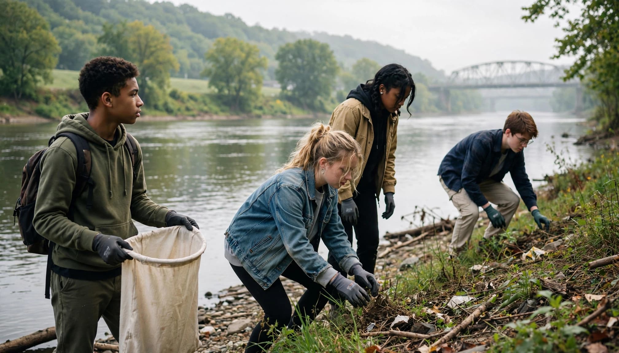 Four teenagers in work gloves collecting litter along a riverbank.
