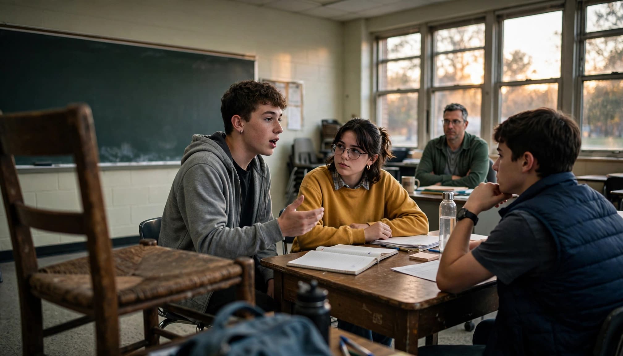 Three students and an adult coach practice debate in a high school classroom.