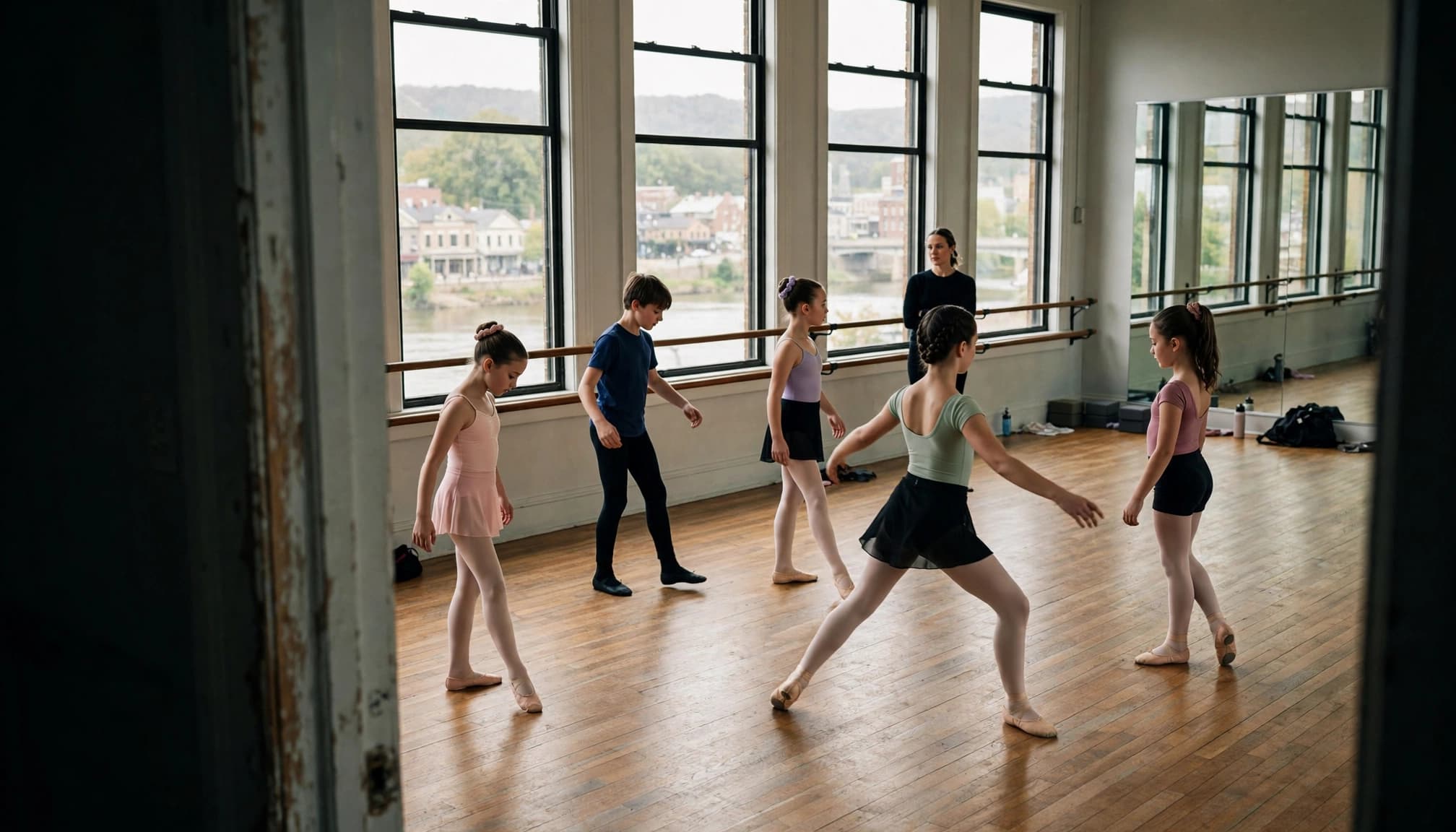 Five children practice ballet as an instructor watches in a sunlit studio.