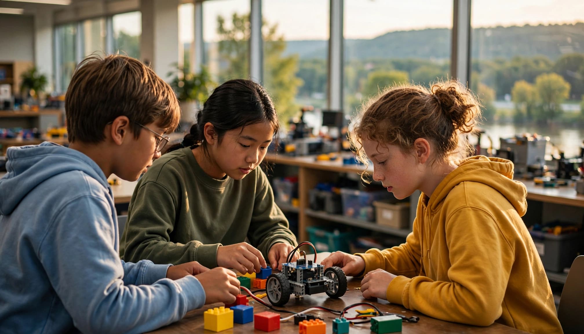 Three children collaborate around a table working on a robotics project with blocks.