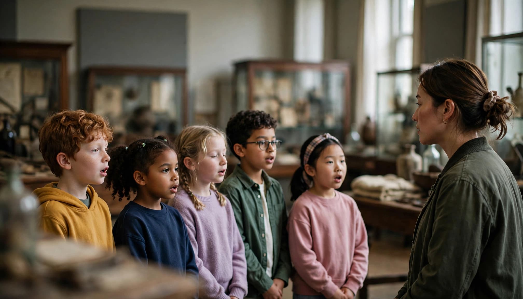 An adult choir leader conducts five diverse children singing in a museum room.