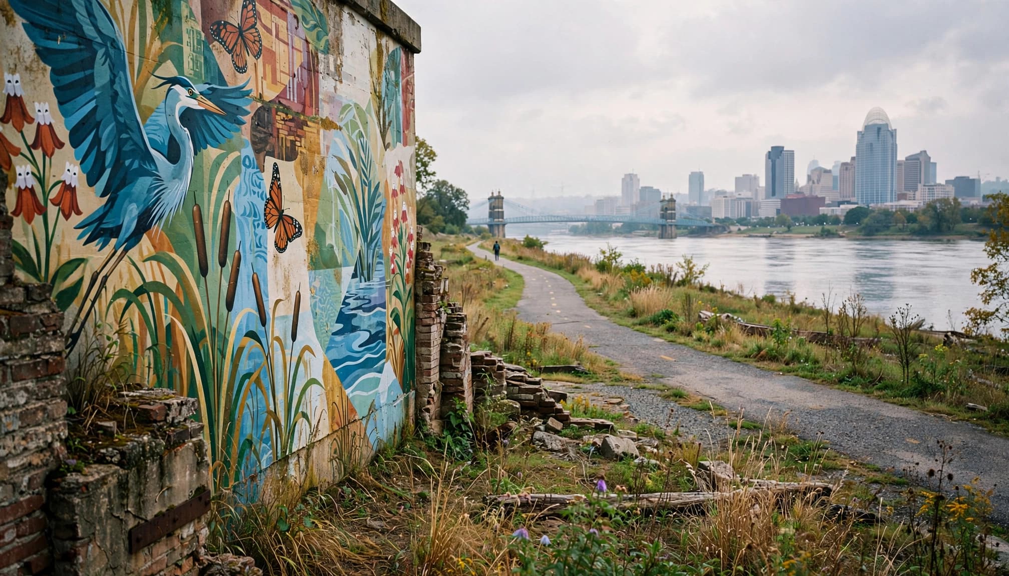 A colorful mural stands beside a river path with one walker and the Cincinnati skyline in the distance.