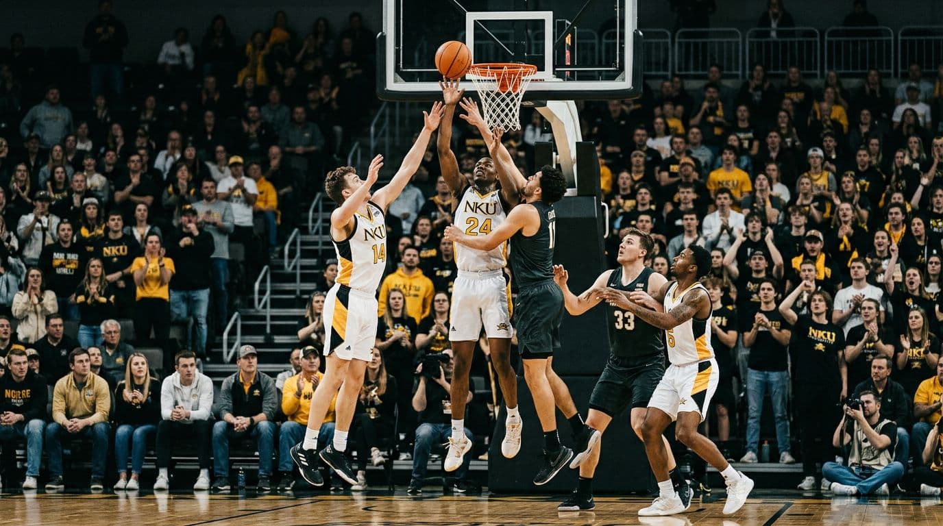 Five players reach for a rebound as fans watch from the stands.