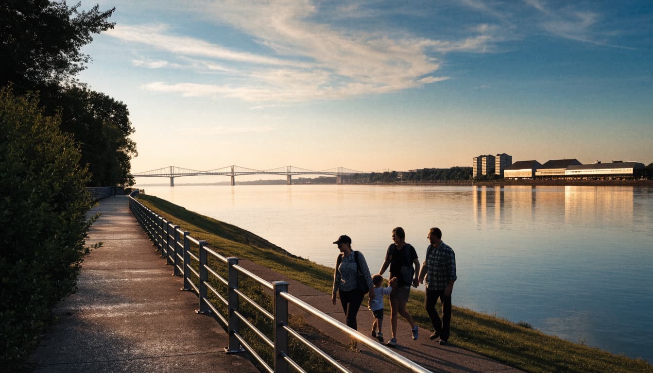 A family of four walking along a riverfront path at sunset.