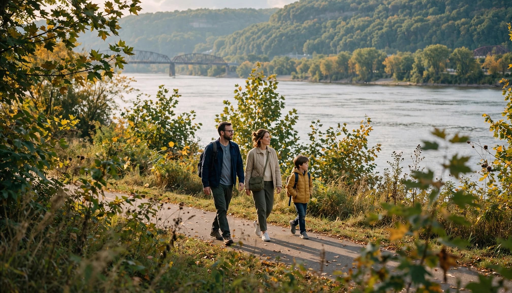 A family of three walks together along a leafy riverfront path with a bridge and hills in the background.