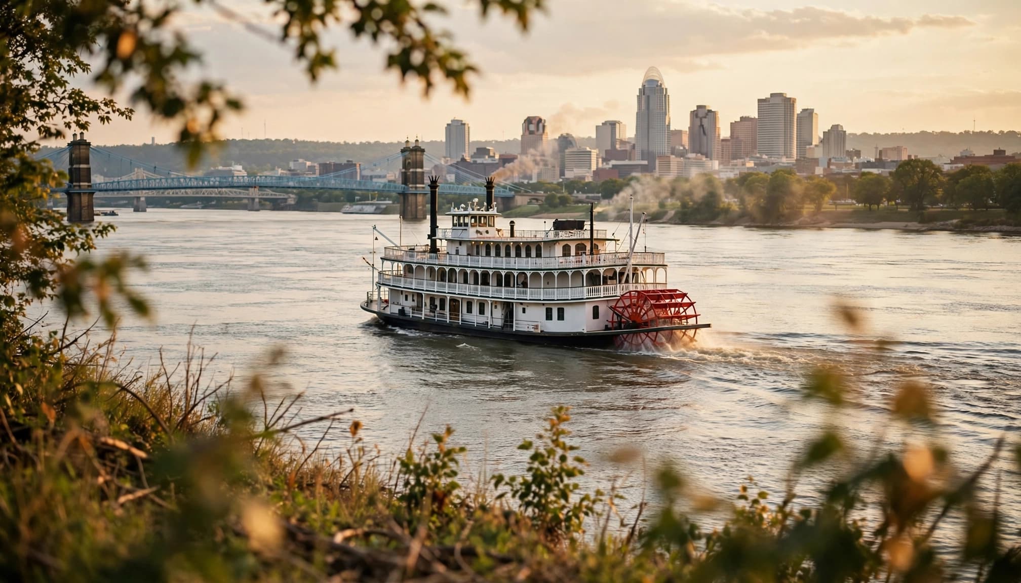 A white-decked riverboat crosses the Ohio River with the city skyline in the distance.