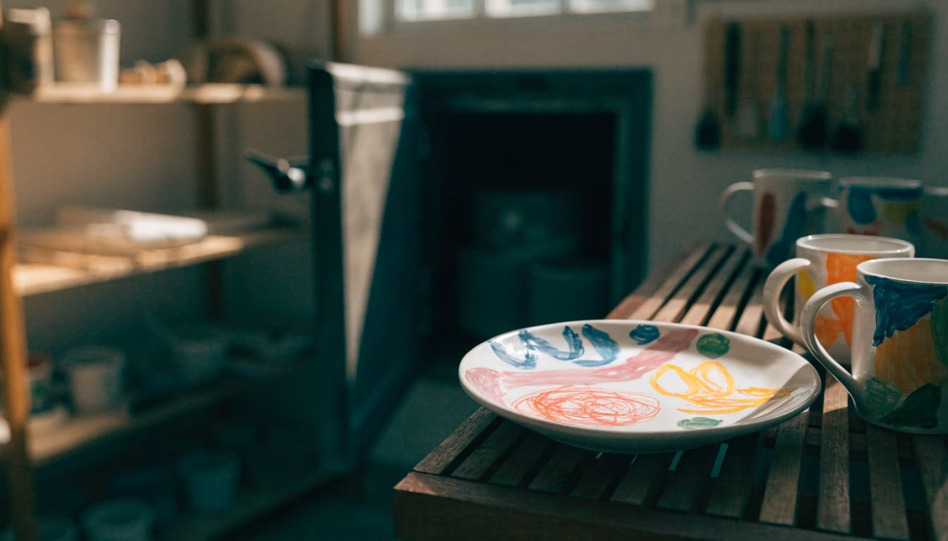 A hand-painted ceramic plate and mugs sit on a wooden studio shelf with a kiln in the background.