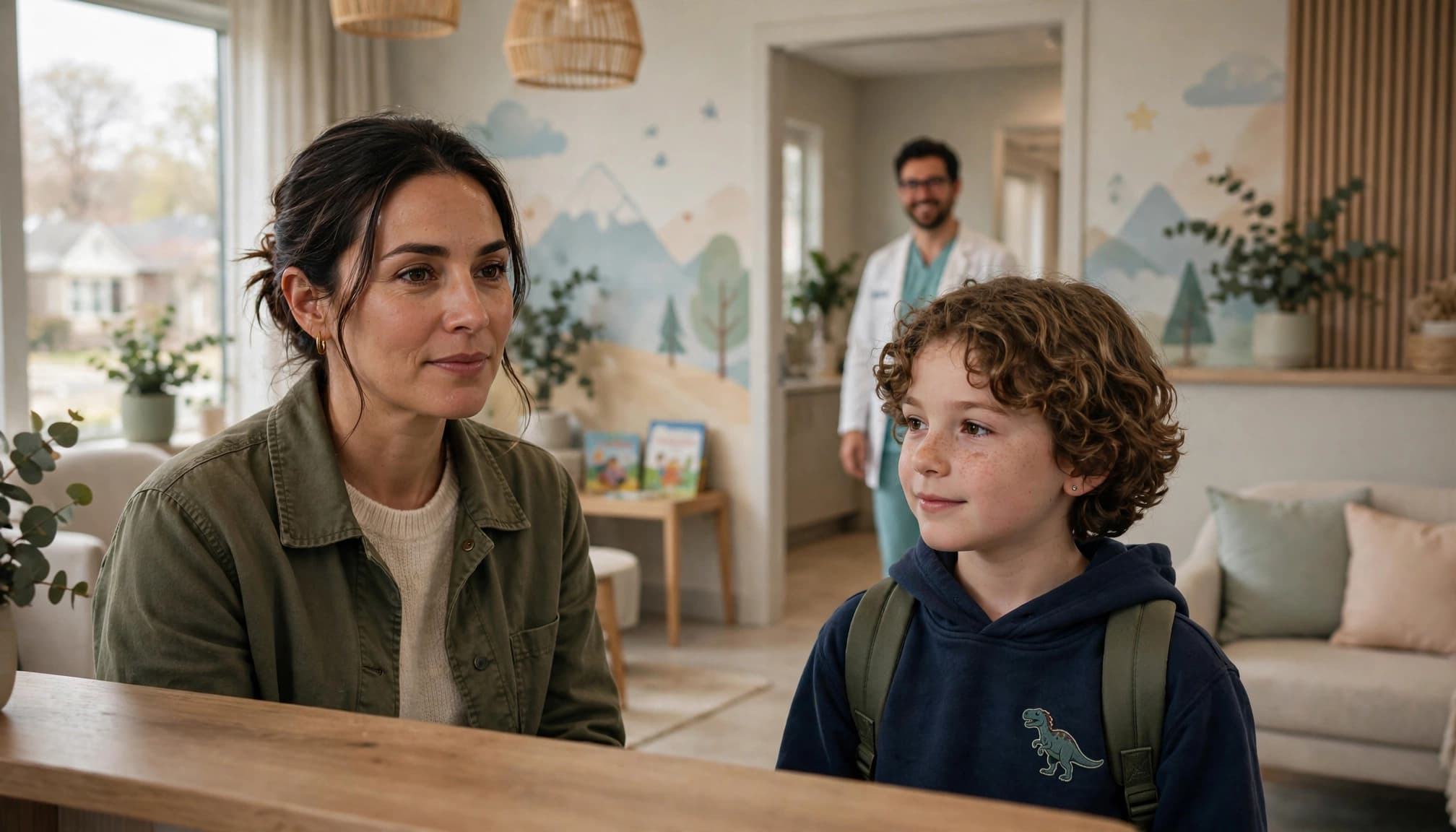 A woman and a young boy with a backpack standing in a dental clinic, with a dentist in the background.