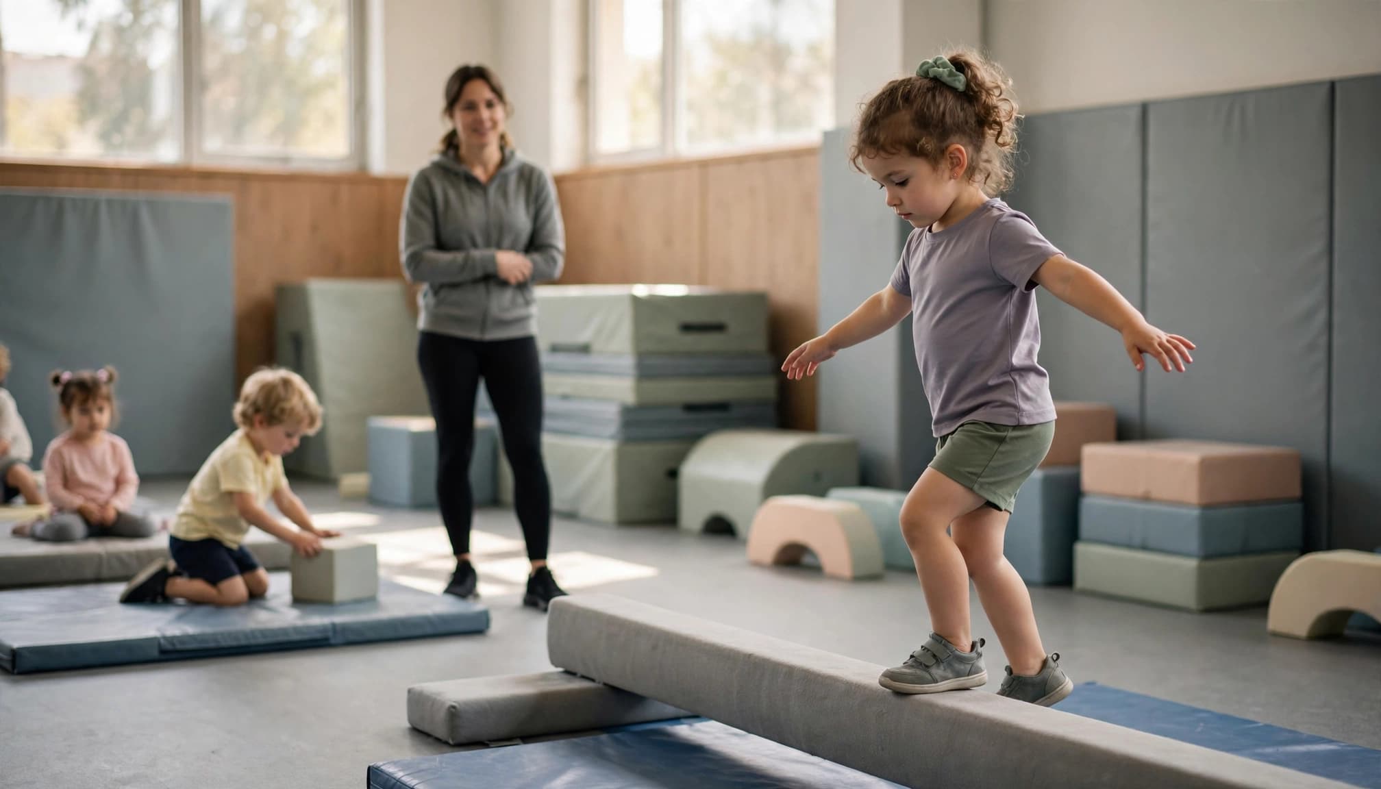 A young girl walks carefully across a low balance beam in a gymnastics gym with a coach and other children nearby.
