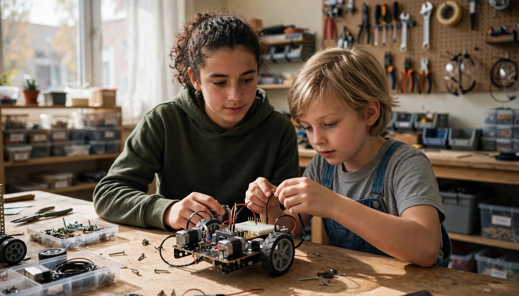 A teen and a younger child collaborate on building a small robot in a workshop.