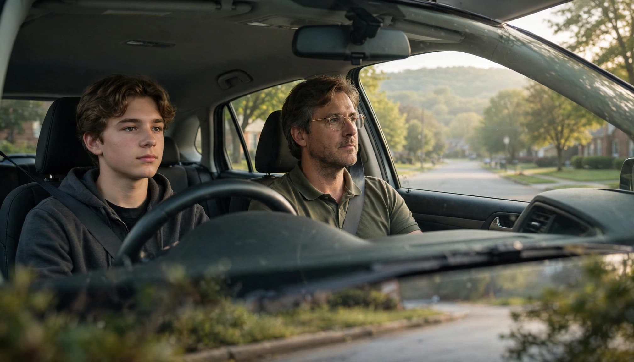 A teen student and an adult instructor sit calmly in a car during a driving lesson.
