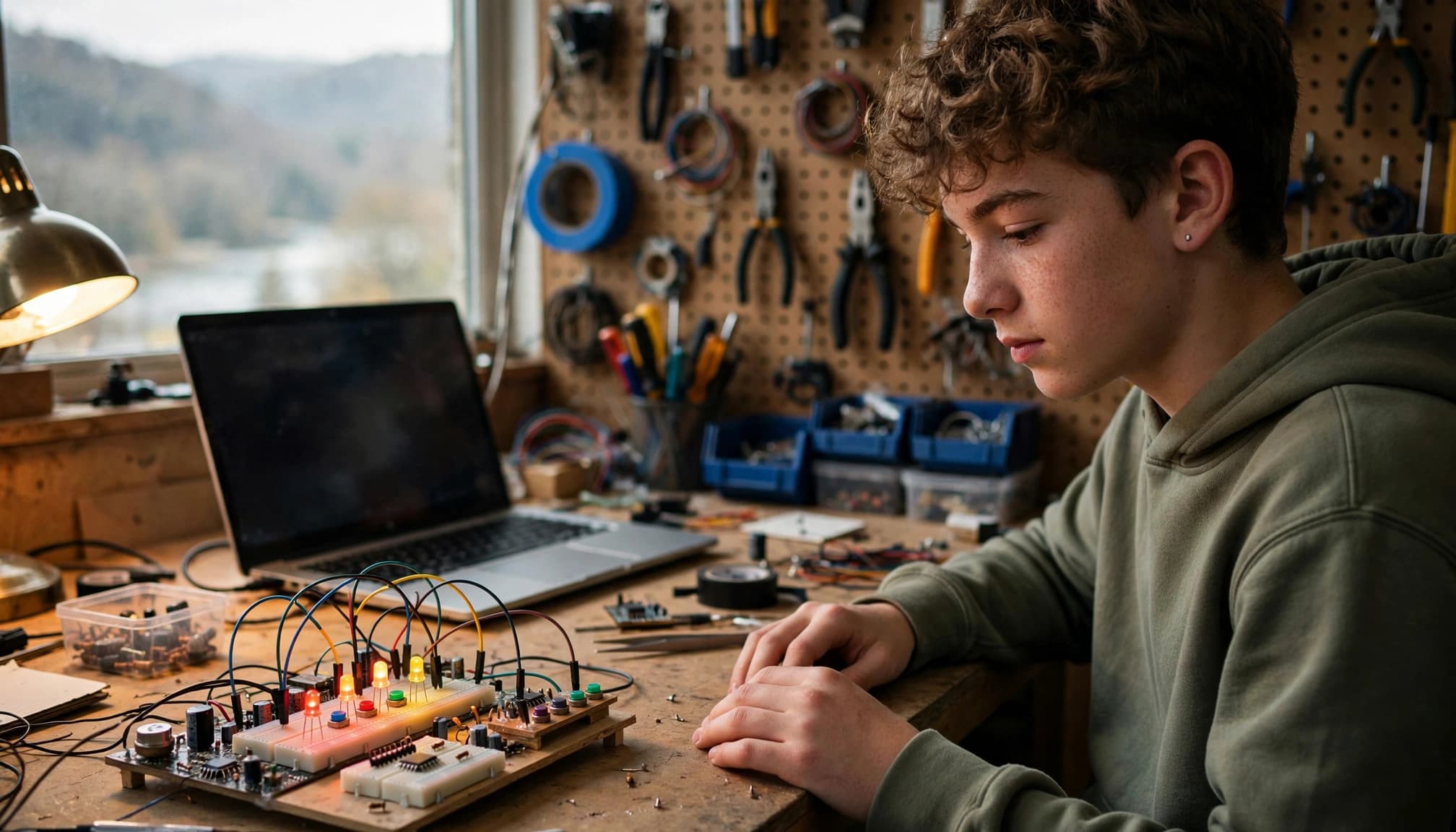 A teen student working on an electronics circuit with LEDs at a workshop table.