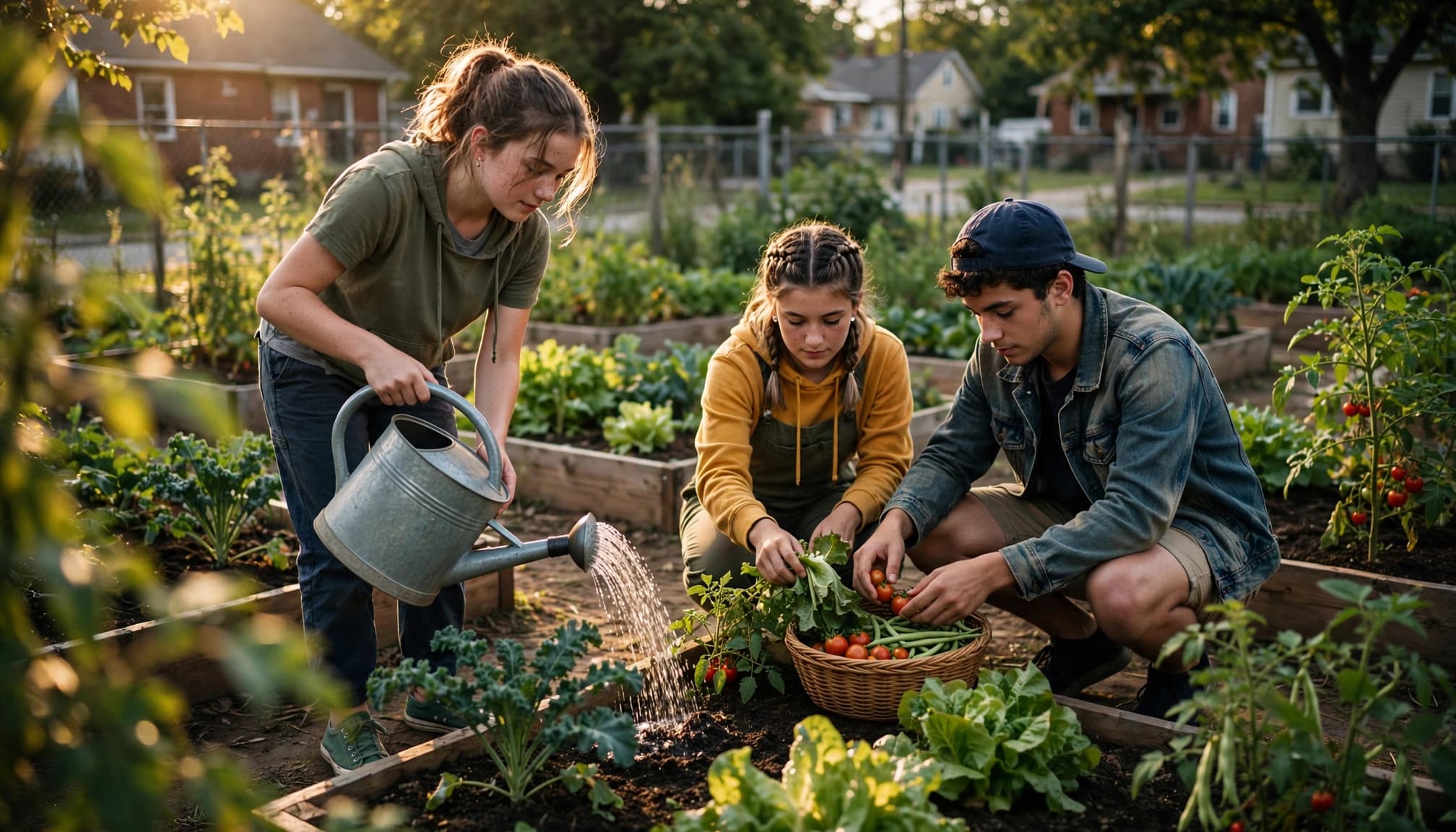 Three teenagers volunteering together in a community garden, watering plants and gathering vegetables.