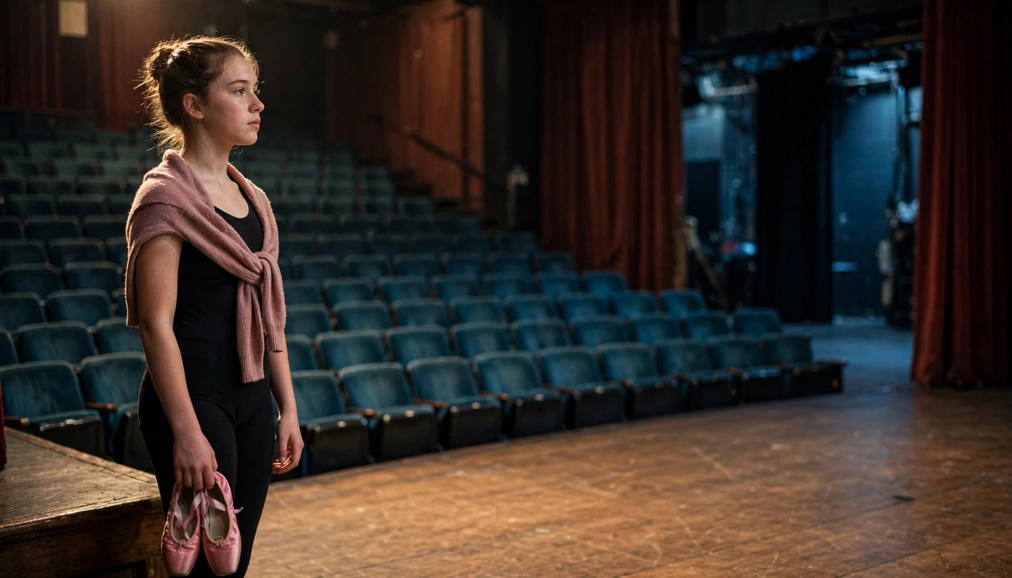 A teenager holds ballet shoes on an empty theater stage.