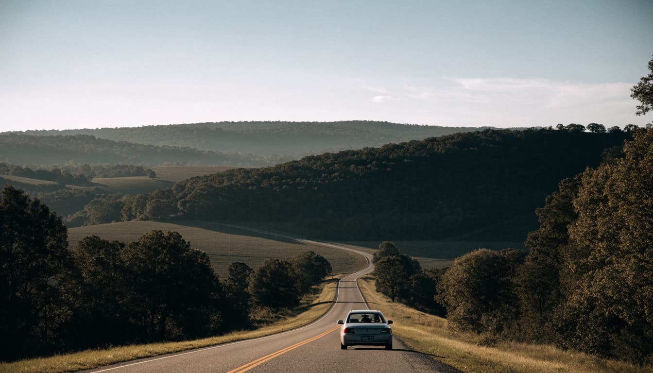 A silver car drives away on a two-lane road through rolling green hills and forests.