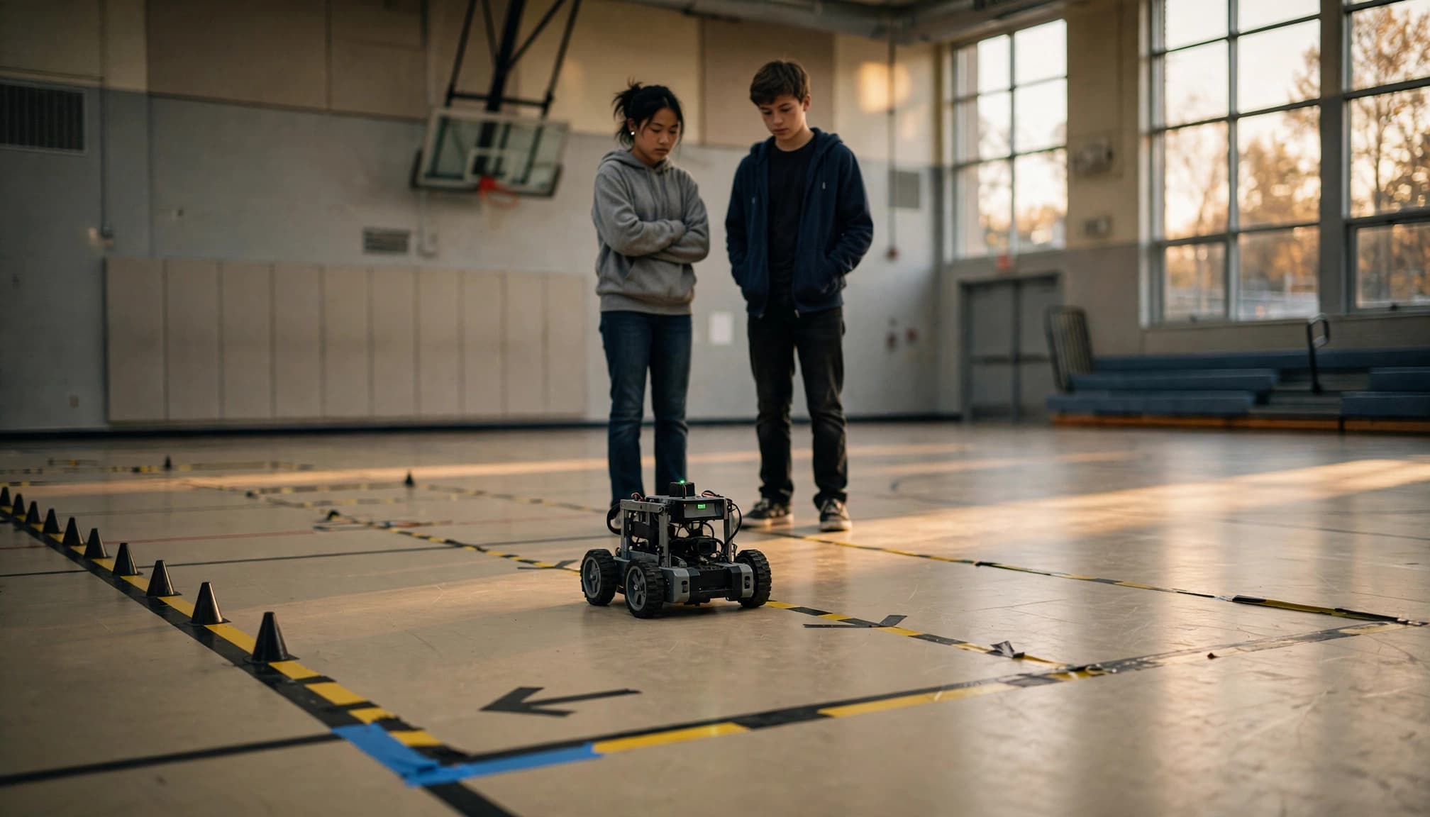 Two teens watch a small robot on a marked course in a sunlit school gym.